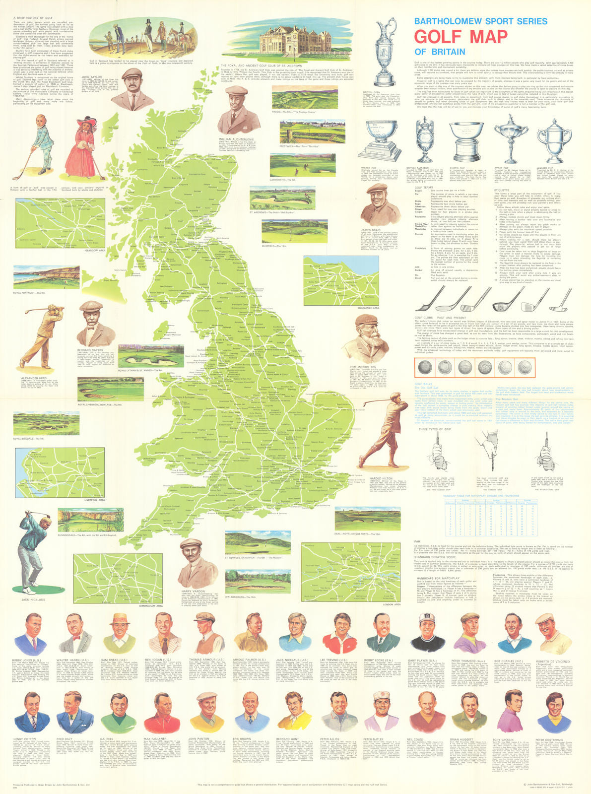 Bartholomew Sports Series Golf Map of Britain. Golf heritage map. 75x100cm 1973